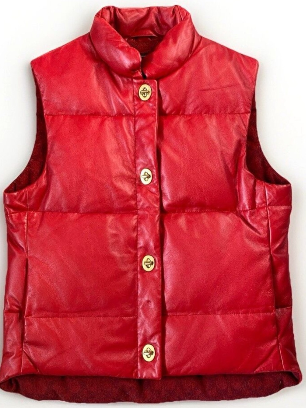 $598 Coach Red Leather Down Puffer Vest w/ Turn lock Gold Hardware Womens Sz XS
